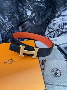 Hermes Constance H Belt Black / Orange Reversible Gold Hardware